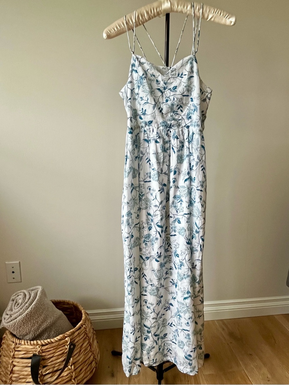 Joie Floral Cottagecore Prairie Maxi Dress Blue White Spaghetti Straps US 12 - Picture 2 of 16